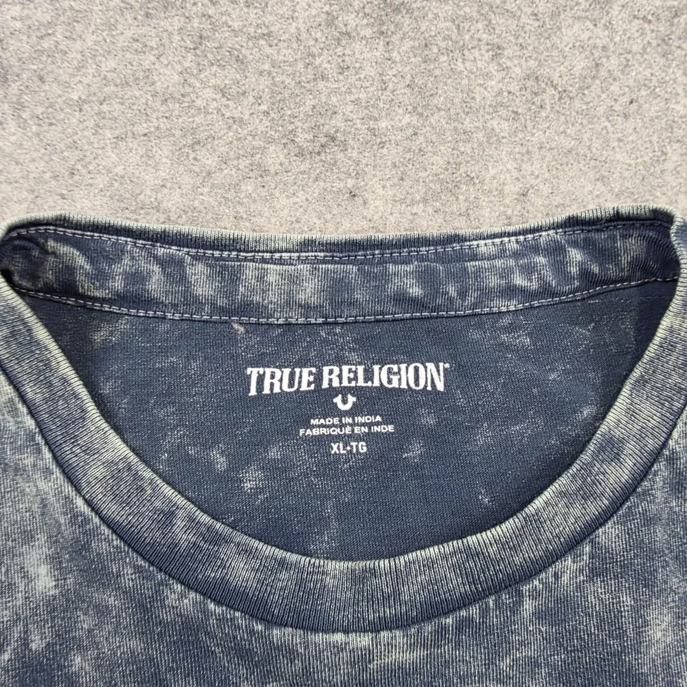 True Religion Shirt Mens XL Blue Buddha Acid Wash Crewneck Graphic Tee Logo